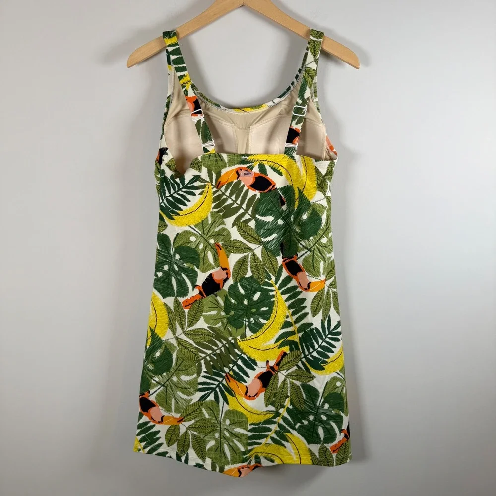 Duluth Trading Co Suit Up One Piece Swim Suit Dress 10 Toucan Tropical Print